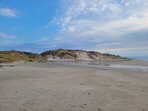 Une plage de sable avec des dunes en arrière-plan.