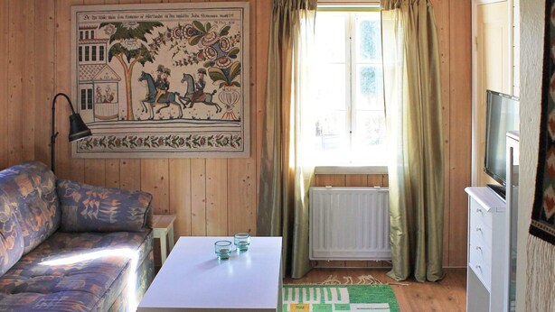 A room with a sofa, a small table, a radiator, a television, and a window with curtains. - 6 Person Holiday Home in Stjarnhov (Stjarnhov)