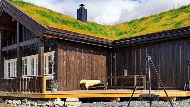 A wooden cabin with a grass roof, a wooden deck, and a small outdoor seating area. - 10 Person Holiday Home in Rauland (Vinje)