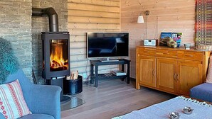 A cozy living room with a stone fireplace, a television, and wooden furniture. - 10 Person Holiday Home in Rauland (Vinje)