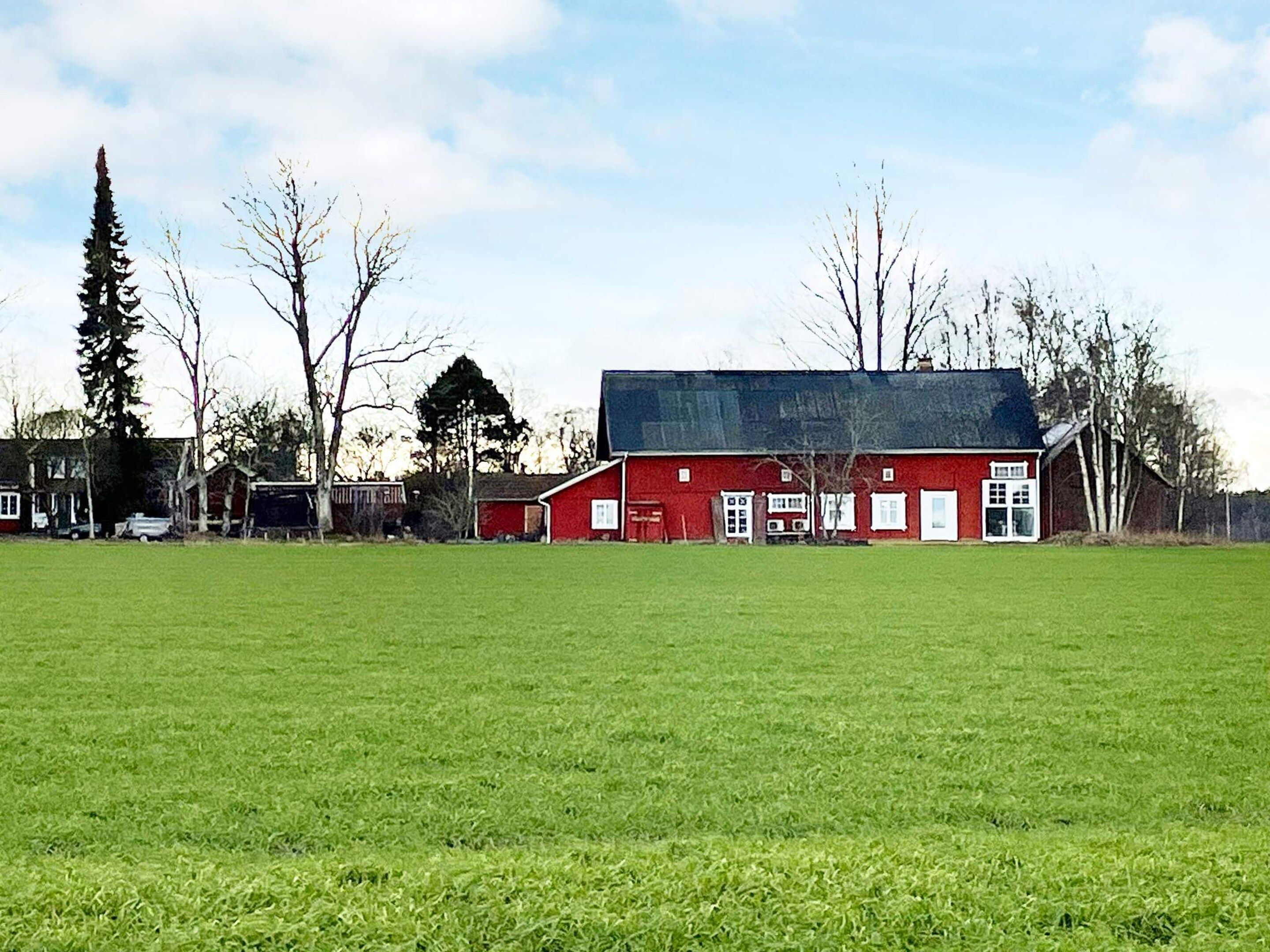 A red barn with a black roof, surrounded by a green field and leafless trees.