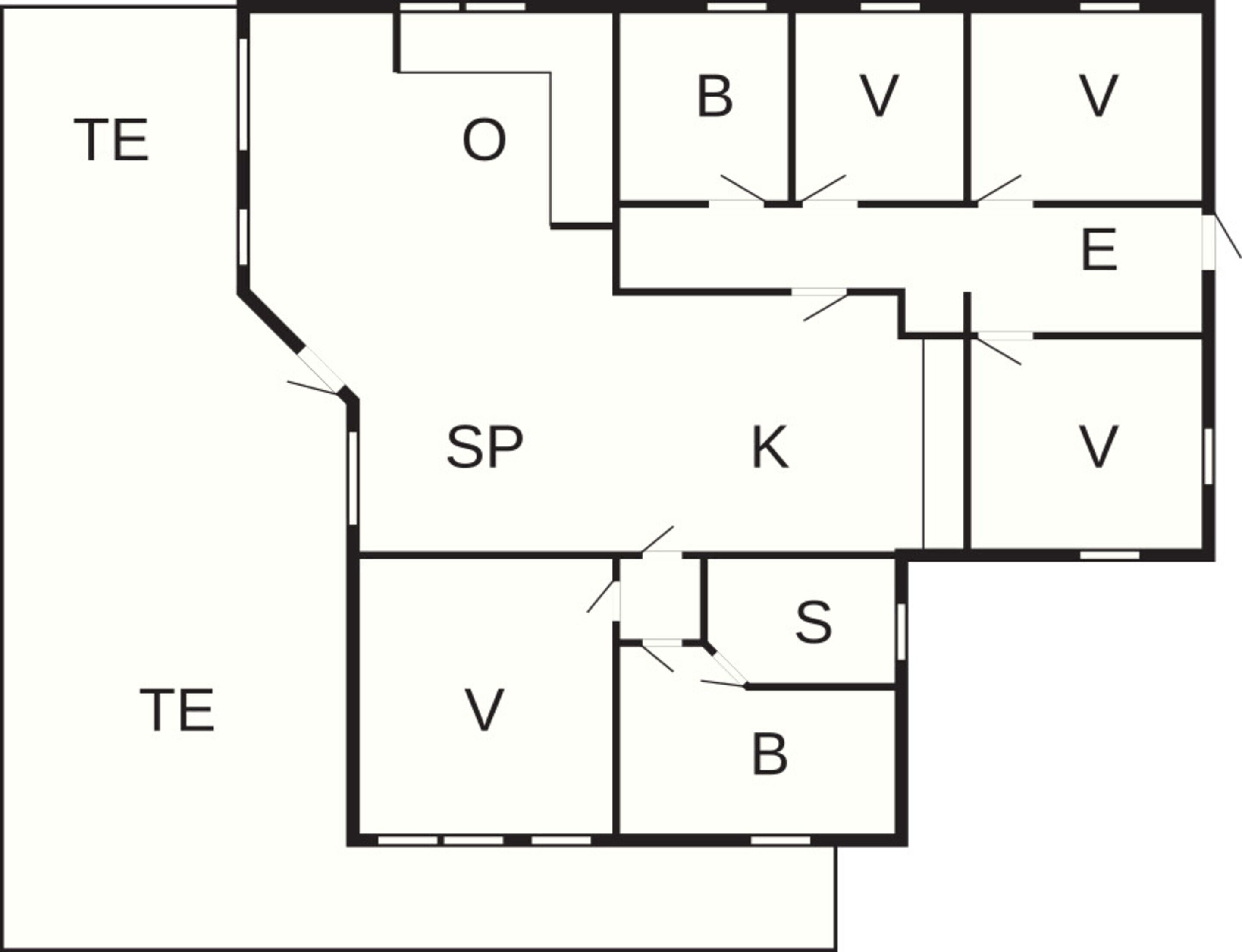 A floor plan with labeled rooms including TE, SP, K, V, B, E, and S.