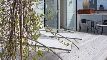 A deck with a glass door, a small table with chairs, and a potted plant.