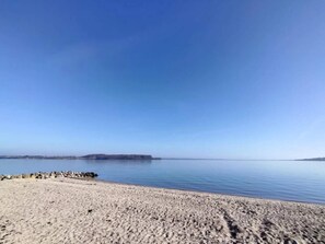 A beach with a clear sky and calm water.