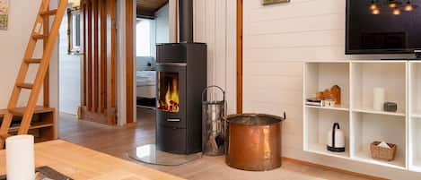 A modern living room with a wood-burning stove, a television, and a ladder.