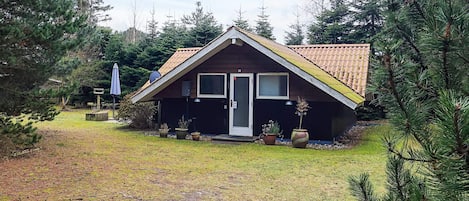 A small house with a sloped roof, a front door, and windows. There are potted plants in front of the house.