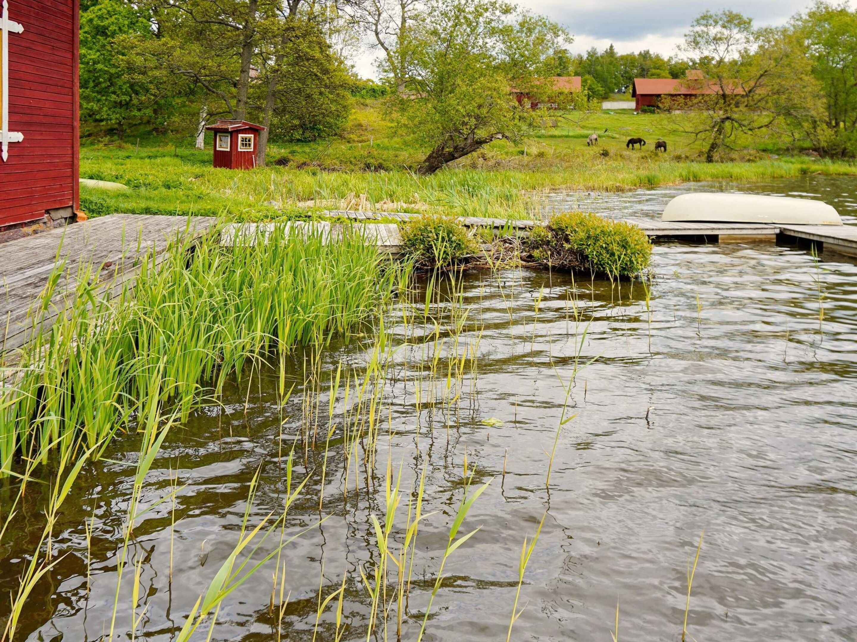A tranquil riverside scene with a wooden dock, a small red building, and horses grazing in the background.