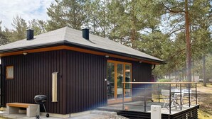 Une cabane moderne dotée d’une terrasse, d’un barbecue et d’un chemin en pierre menant à l’entrée.