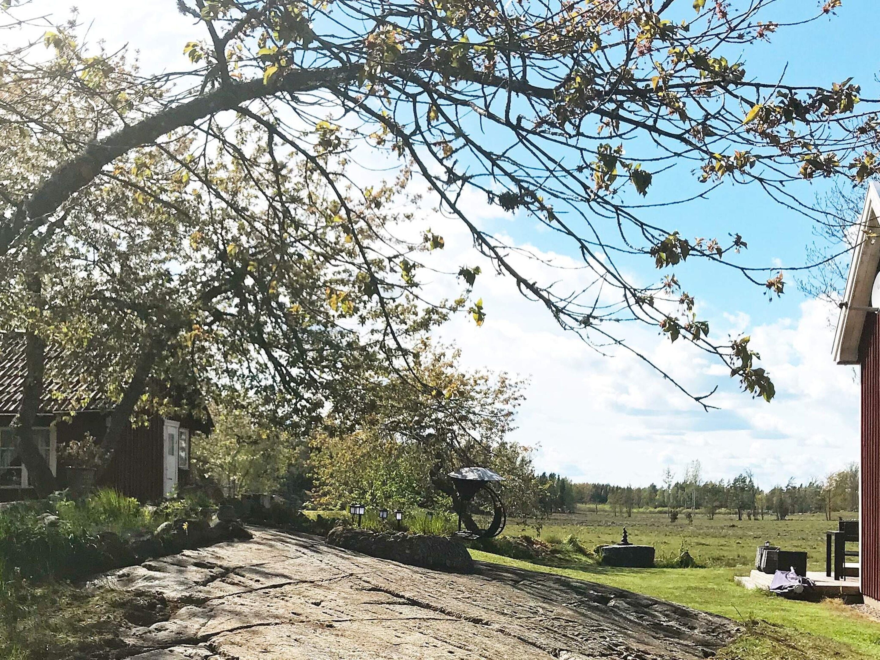 A rural landscape with a stone pathway leading to a house with a red exterior.