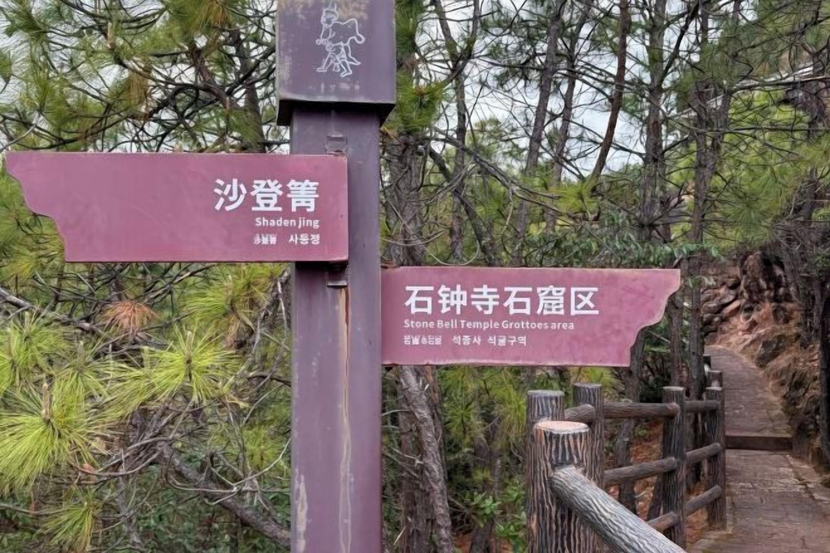 A directional signpost with two signs, one pointing to Shaden Jing and the other to Stone Bell Temple Grattoes area.