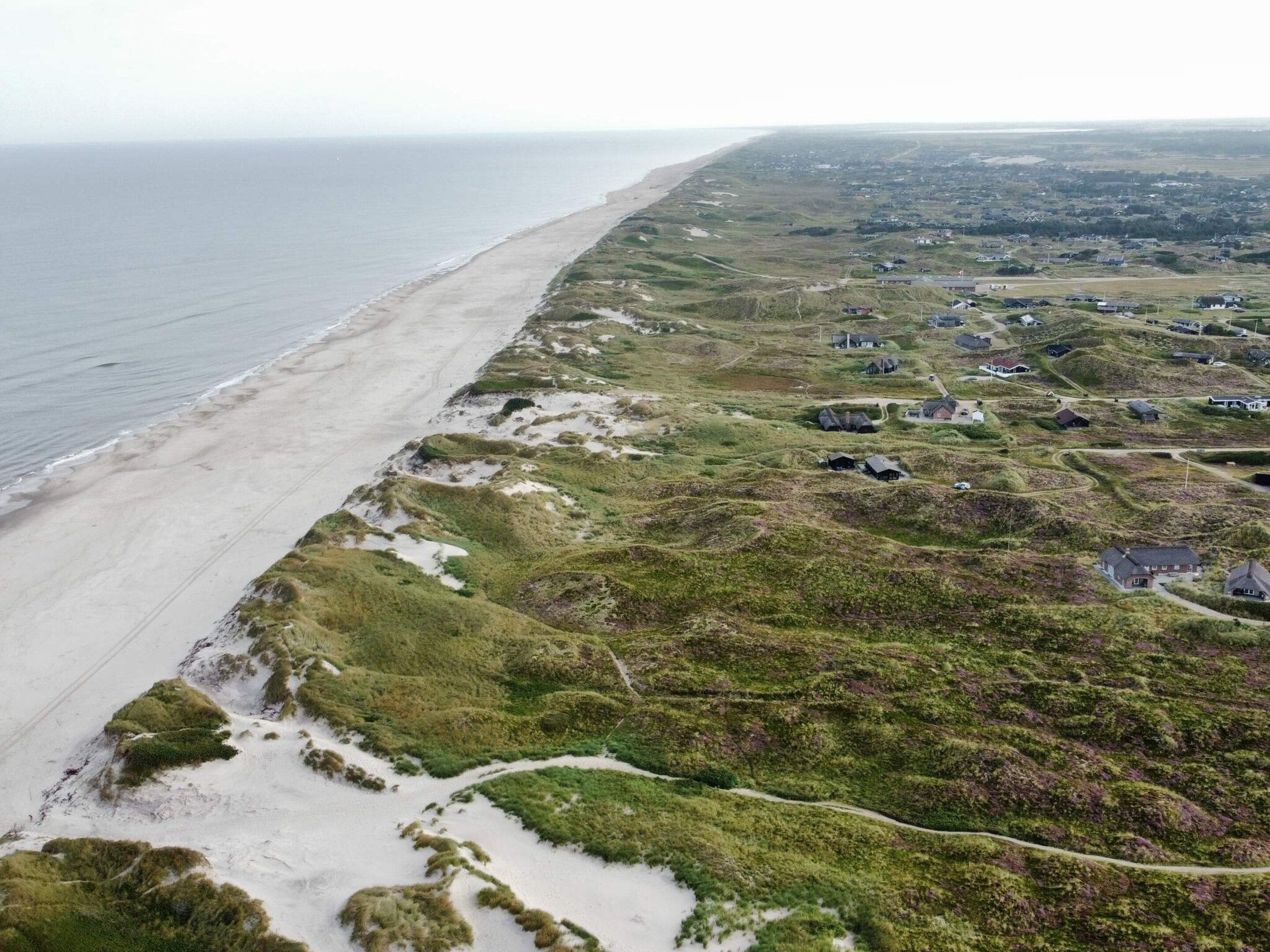 A coastal landscape with a beach and scattered houses.