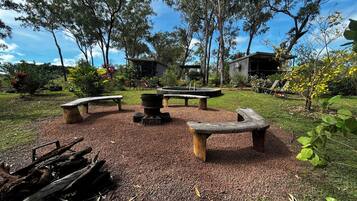 An outdoor seating area with benches and a fire pit, surrounded by trees and a grassy lawn.