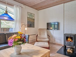 Un salón acogedor con un sofá, un sillón, una mesa con un jarrón de flores, una lámpara colgante, un cartel, un televisor y una estufa de leña.