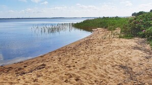 Ein sandiger Strand mit ruhigem Wasser, eine Wiese mit rosa Blumen und ein klarer Himmel.
