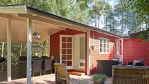 A wooden cabin with a covered porch, wicker furniture, and hanging planters. - 4 Star Holiday Home in Aakirkeby (Akirkeby)