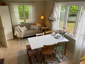 A cozy room with a sofa, dining table, chairs, and a hanging light fixture.