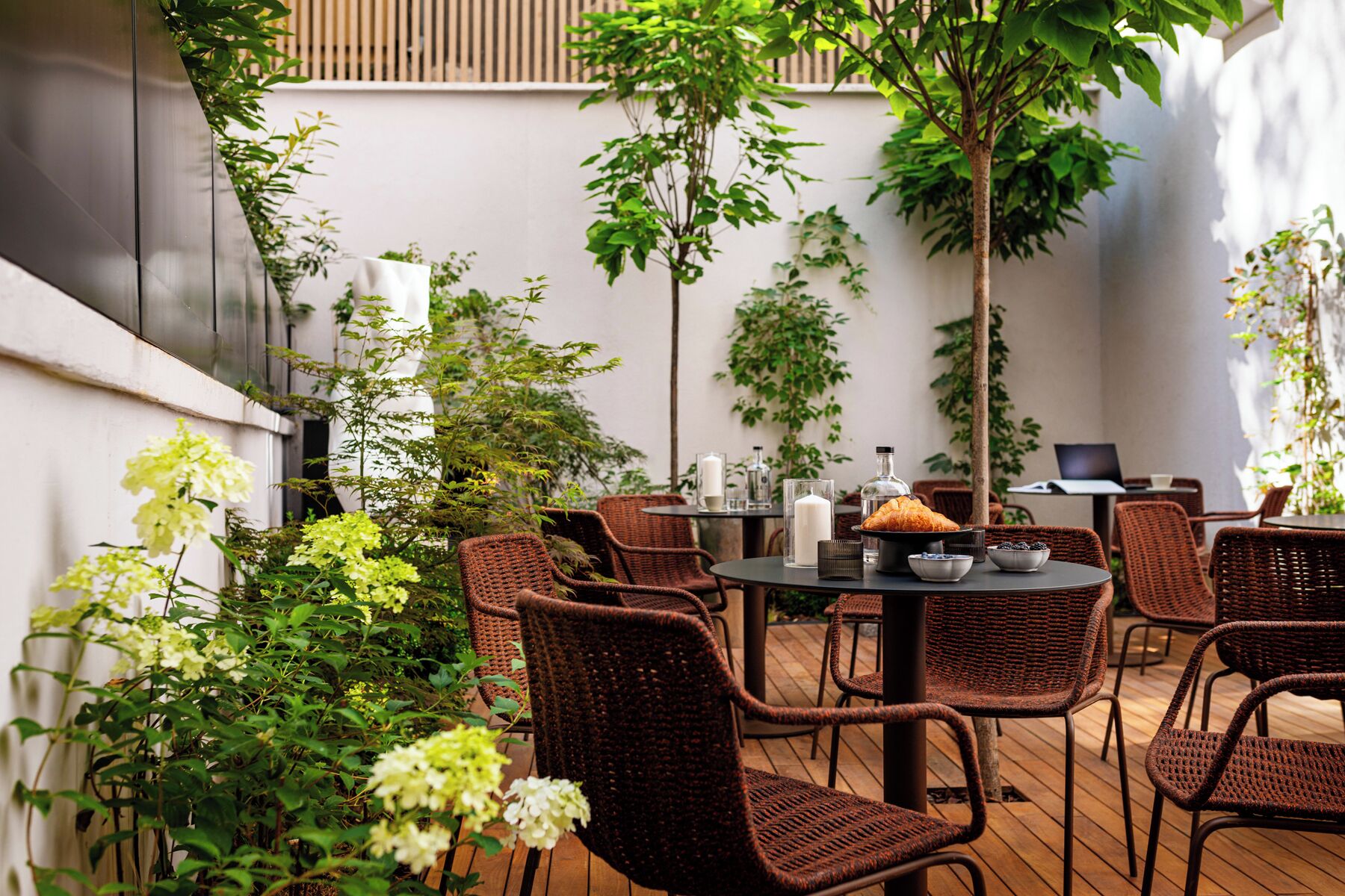 Un espace extérieur aménagé en terrasse, avec des chaises et des tables en osier, entouré de verdure et de plantes.