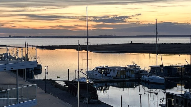Un port de plaisance avec des bateaux amarrés, une étendue d’eau calme et une côte lointaine.
