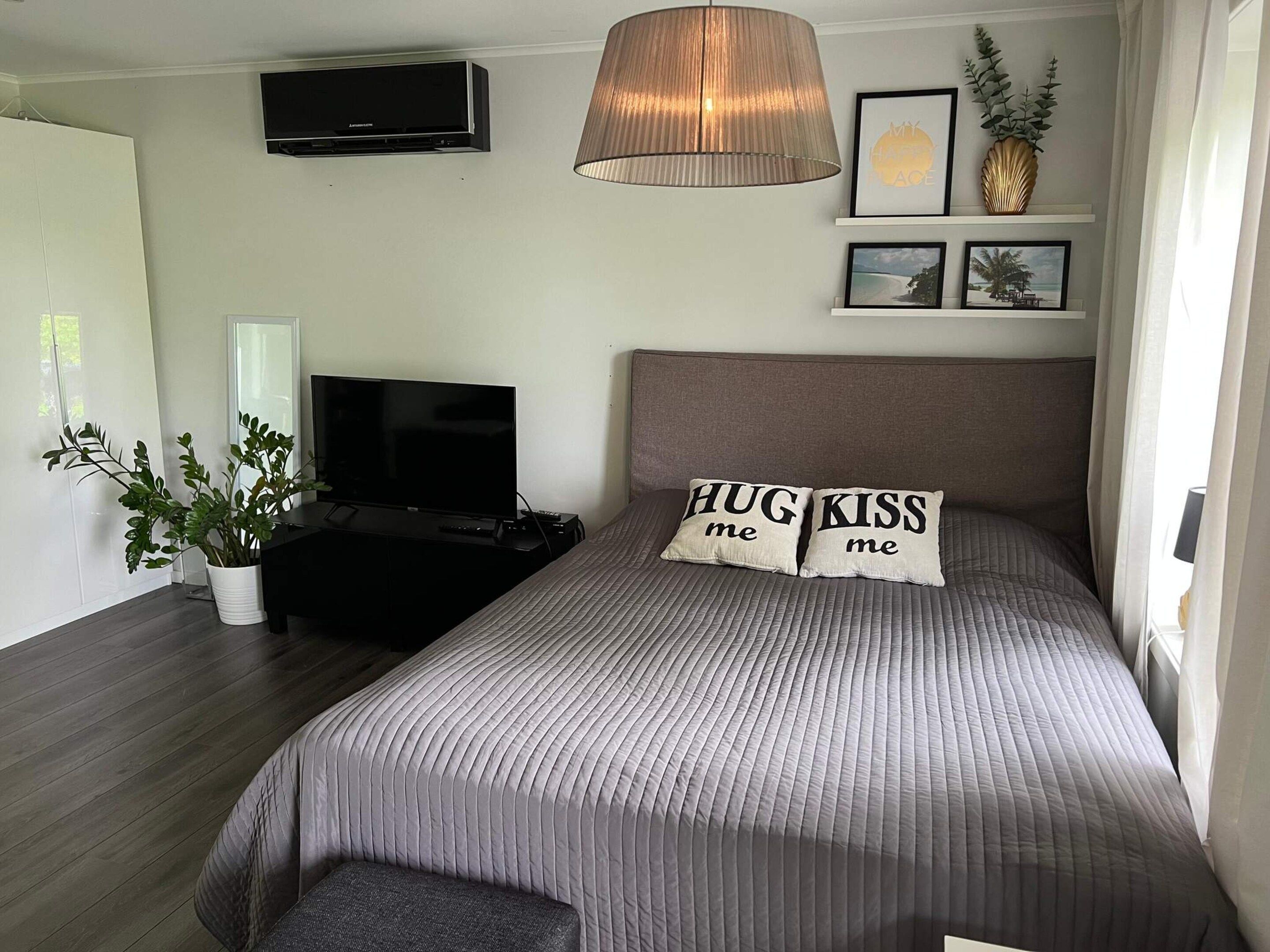 A bedroom with a bed, a TV, a potted plant, and a wall-mounted air conditioner.