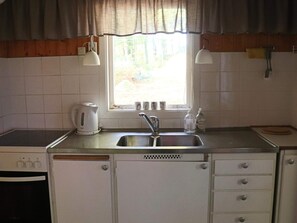 A kitchen with a window, a kettle, a sink, and a cabinet. - 4 Person Holiday Home in Skanes-fagerhult (Skånes Fagerhult)