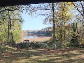 Blick auf einen See, umgeben von Bäumen, mit einer hölzernen Bank und einer kleinen Struktur im Vordergrund.
