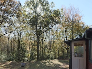 A forested area with a cabin featuring a door and a window, surrounded by trees. - 4 Person Holiday Home in Skanes-fagerhult (Skånes Fagerhult)