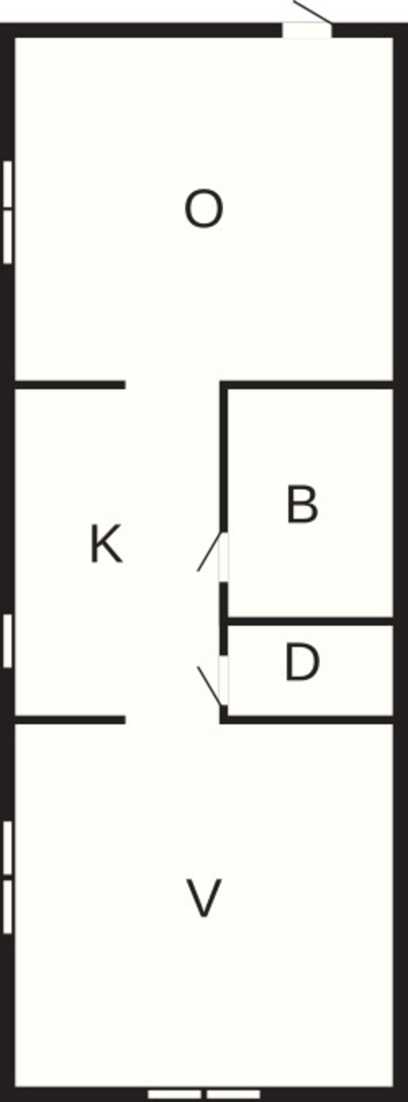 Ein Grundriss mit den gekennzeichneten Räumen K, O, B, D und V.