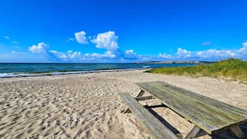 Une plage avec une table de pique-nique en bois et un ciel bleu dégagé.