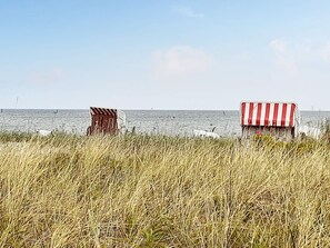 A beach with two beach huts, one striped and one plain, surrounded by tall grass.
