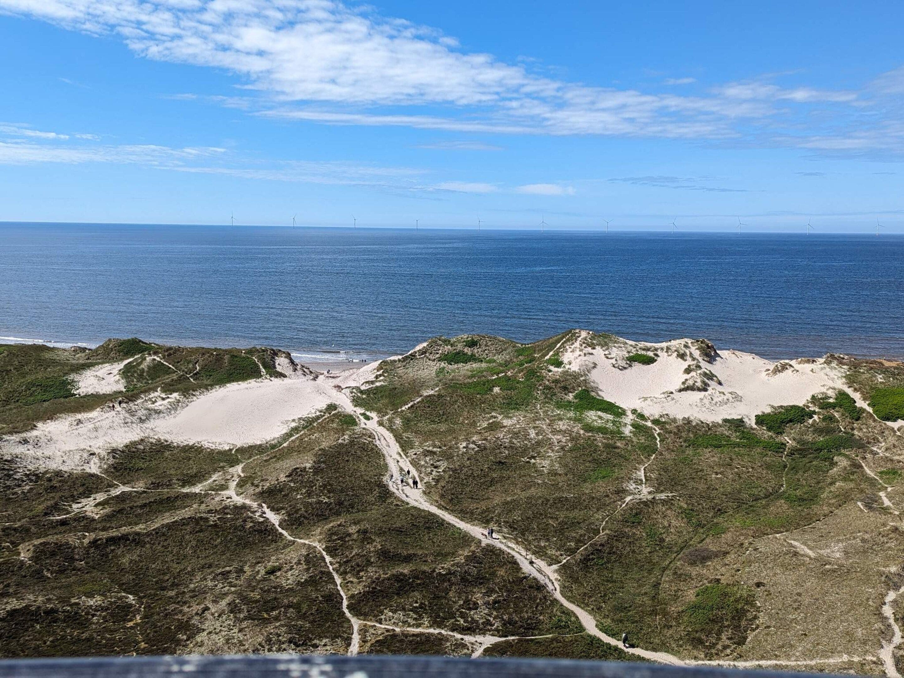 Un paysage côtier avec des dunes de sable, un ciel dégagé et des éoliennes à l’horizon.