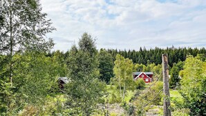 Paisatge rural amb una casa vermella envoltada de bosc dens i vegetació.