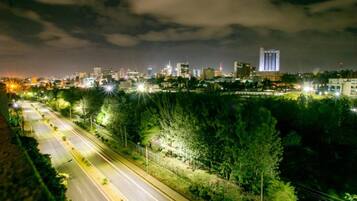 A nighttime cityscape with a well-lit highway, dense greenery, and illuminated buildings.