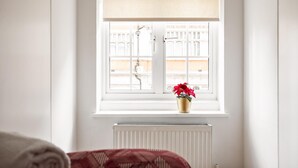 Een kamer met een raam, een radiator en een potplant op de vensterbank.