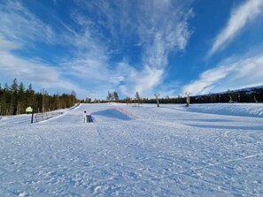 En snötäckt skidbacke med klar himmel, skidliftar och ett skogsområde.