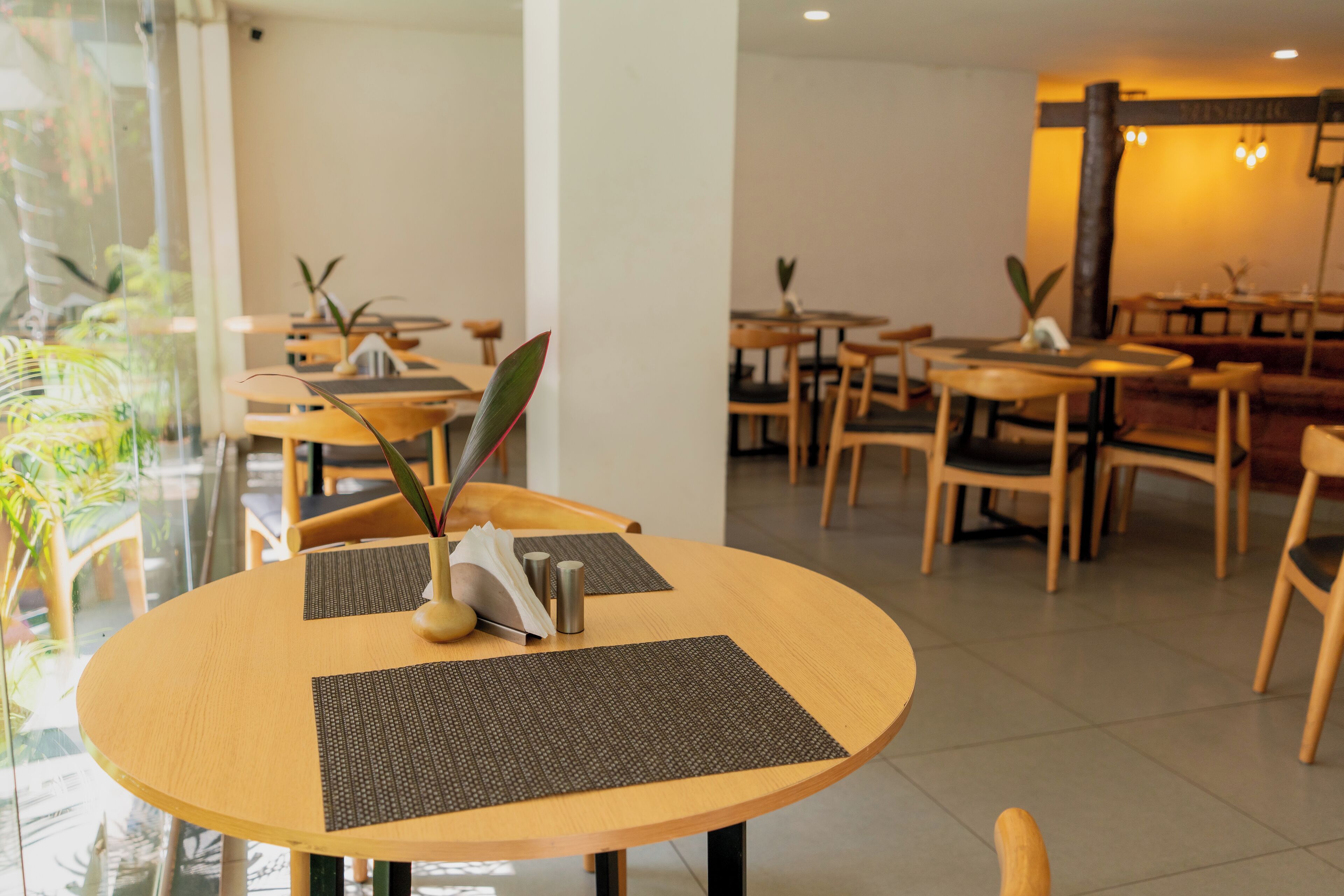 L’intérieur d’un restaurant avec des tables rondes, des chaises et des plantes en pot.