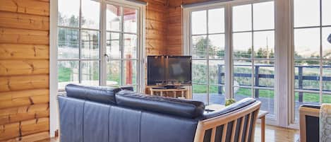 A log cabin interior with a leather sofa, a television, and large windows overlooking a grassy area.