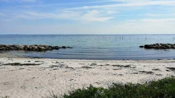 A beach with clear skies, calm water, and a rocky breakwater.
