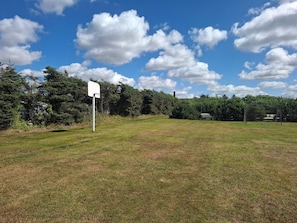 A grassy field with a basketball hoop and trees in the background. - 12 Person Holiday Home in Lokken (Lokken)