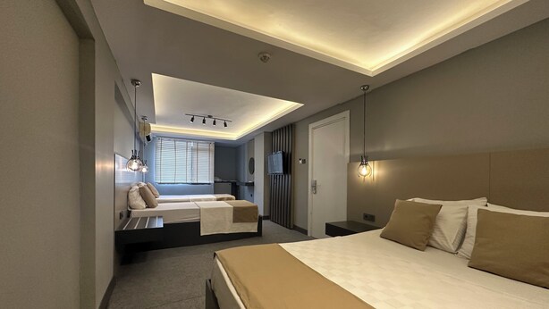 A modern hotel room with a large bed, a seating area, and a TV. - Panula Park Hotel (Izmir)