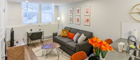 Apartamento premier, 1 cama Queen e sofá-cama, cozinha | Área de estar | TV de tela plana 52 polegadas com canais a cabo, TV, Netflix