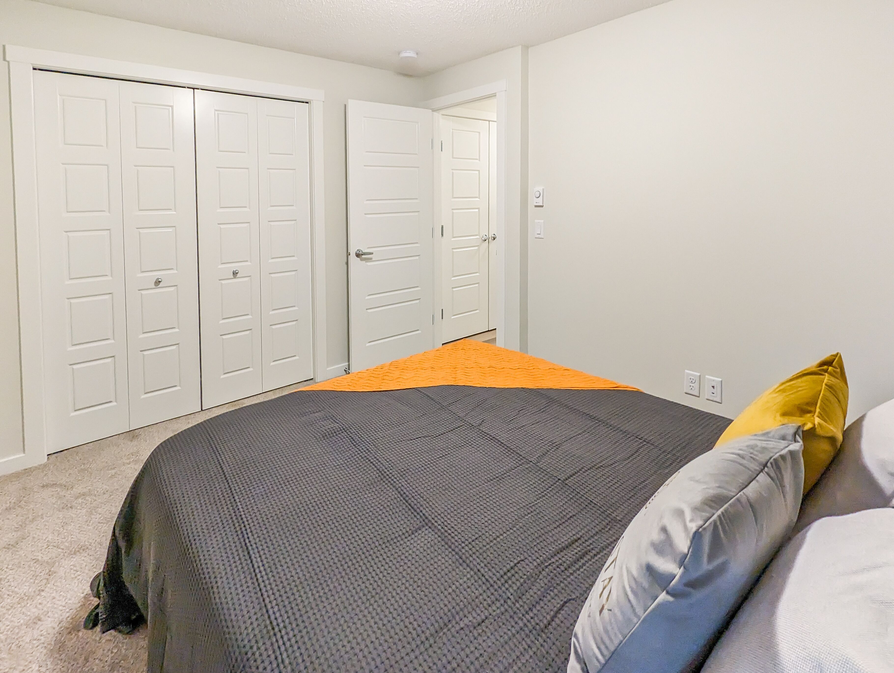 A bedroom with a bed, a closet, and a door.