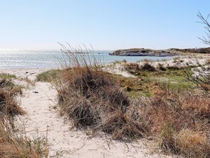 A sandy beach path leading to a rocky area with sparse vegetation. - 4 Star Holiday Home in Varberg (Varberg)