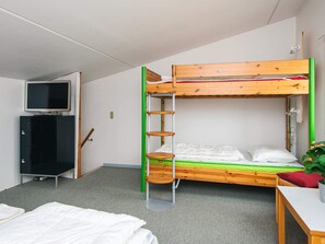 Una cama litera con escalera, un escritorio, una silla, un televisor y un armario en una habitación con piso alfombrado.