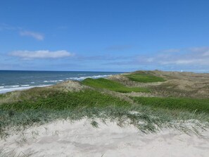 A coastal landscape with dunes and a lighthouse in the distance. - 8 Person Holiday Home in Ringkobing (Ringkobing)