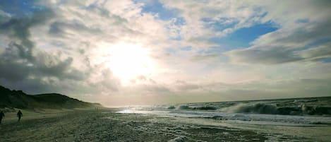 A beach with waves, a cloudy sky, and a person walking.