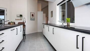 A modern kitchen with white cabinets, black handles, and a black countertop. There is a window on the right side, and a plant on the countertop.