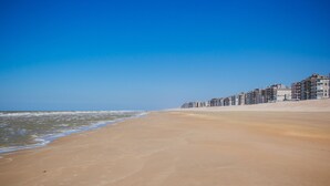 Una amplia playa de arena con una hilera de edificios a lo largo de la orilla.