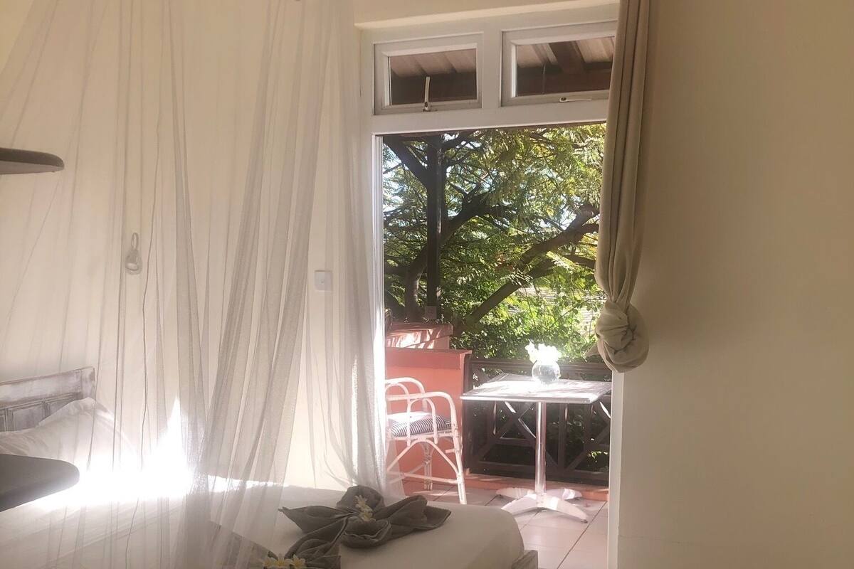 A bedroom with a bed, a mosquito net, a window with curtains, and a view of the outdoors.