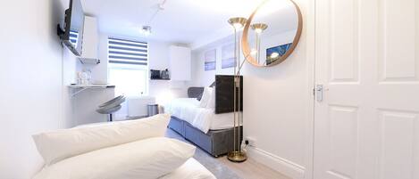 1 bedroom, desk, iron/ironing board, travel cot