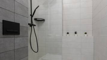 A modern bathroom with a glass-enclosed shower, a white toilet, and a small shelf with potted plants.
